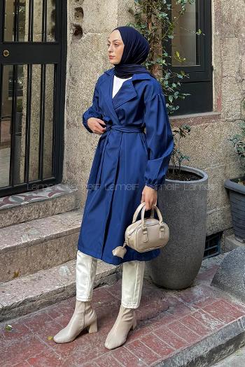 Navy Blue Long Arm Polyester Trench Coat