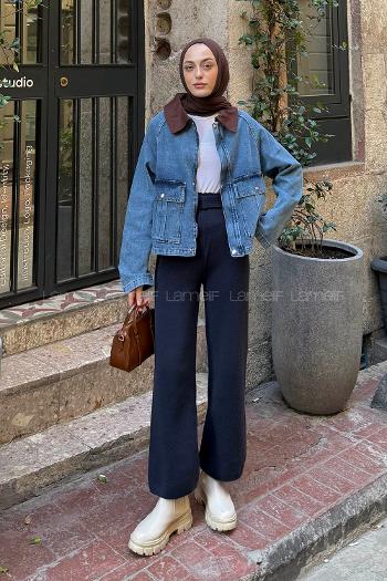 Lamelif Çıtçıtlı Acı Kahve Gömlek Yaka Detaylı Denim Ceket Kot Mavisi