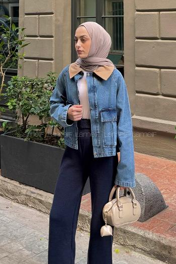 Lamelif Çıtçıtlı Vizonrengi Gömlek Yaka Detaylı Denim Ceket Kot Mavisi