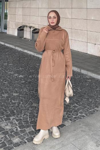 Lamelif Fermuar Detaylı Triko Elbise Camel