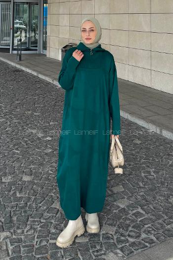 Lamelif Fermuar Detaylı Triko Elbise Zümrüt