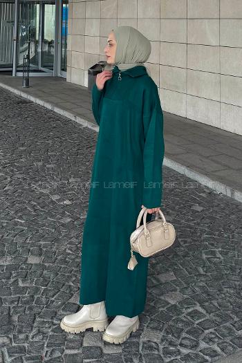 Lamelif Fermuar Detaylı Triko Elbise Zümrüt