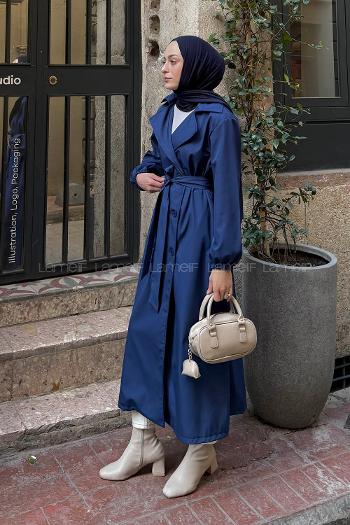 Lamelif Kol Lastikli Düğmeli Trençkot Lacivert