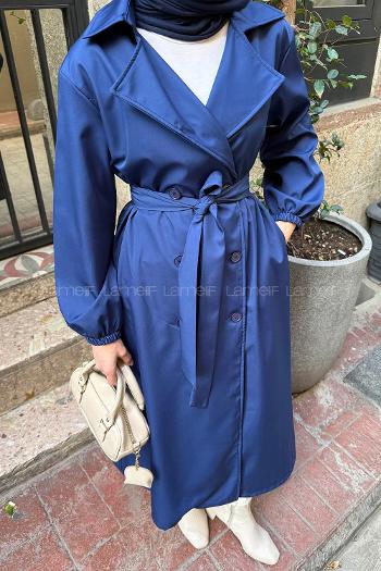 Lamelif Kol Lastikli Düğmeli Trençkot Lacivert