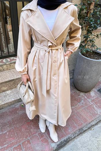 Lamelif Kol Lastikli Düğmeli Trençkot Taş Rengi