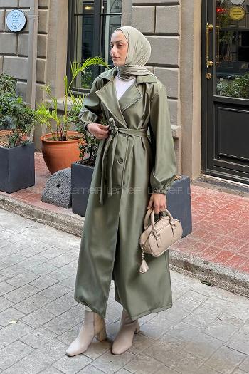 Green Long Arm Polyester Trench Coat