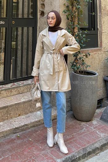 Stone Long Arm Belted Belted Skin Trench Coat