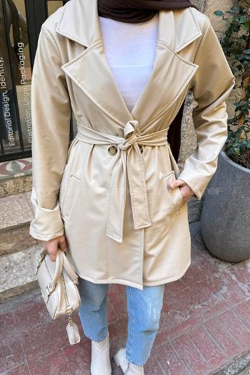 Stone Long Arm Belted Belted Skin Trench Coat