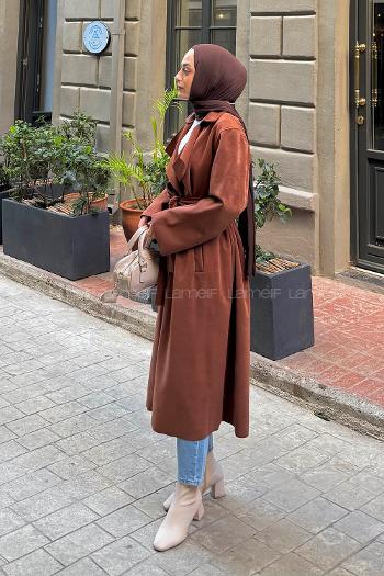 Lamelif Serbest Yaka Kaban Kahverengi