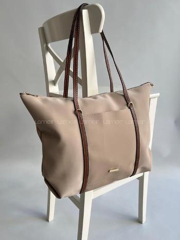 Lamelif Şeritli Shopper Kadın Omuz Çantası Bej