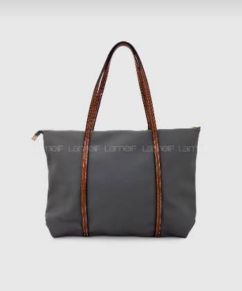 Lamelif Şeritli Shopper Kadın Omuz Çantası Gri