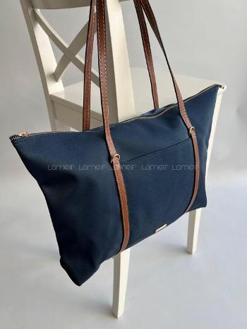 Lamelif Şeritli Shopper Kadın Omuz Çantası Lacivert