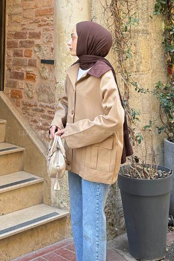 Lamelif Yaka Detaylı Parka Camel
