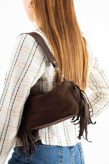 Lamelif Süet Püsküllü Kadın Omuz Çantası Acı Kahve