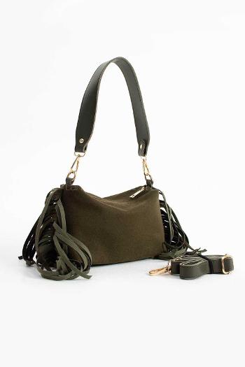 Lamelif Süet Püsküllü Kadın Omuz Çantası Haki