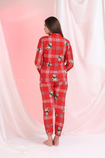 Lamelif Ayıcık Detaylı Ekoseli Pijama Takımı Kırmızı