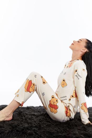 Lamelif Ayıcıklı Pijama Takımı Krem