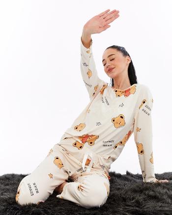 Lamelif Ayıcıklı Pijama Takımı Krem