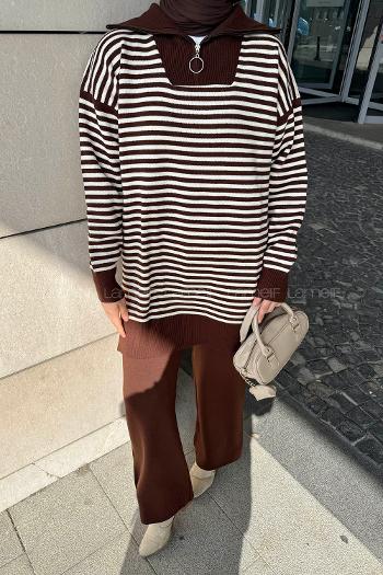 Lamelif Çizgili Balıkçı Yaka Triko Takım Acı Kahve