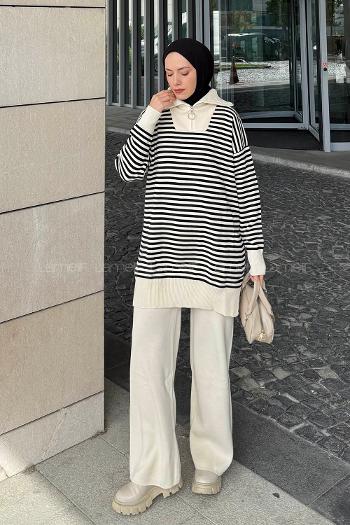Cream Turtle Neck Long Arm Knitwear Regular Trousers Comfortable Suit