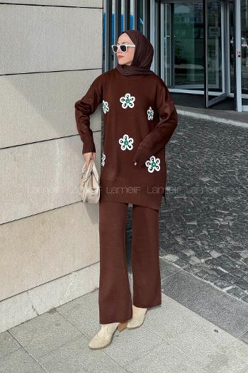 Lamelif İnci Detaylı Triko Takım Acı Kahve