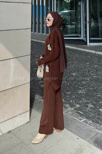 Lamelif İnci Detaylı Triko Takım Acı Kahve