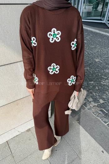 Lamelif İnci Detaylı Triko Takım Acı Kahve