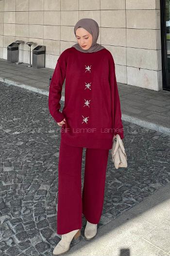 Lamelif İnci İşlemeli Tesettür Takım Bordo