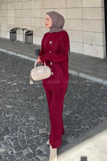 Lamelif İnci İşlemeli Tesettür Takım Bordo