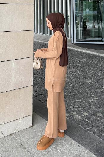 Lamelif İnci İşlemeli Tesettür Takım Camel