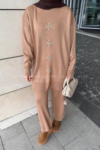 Lamelif İnci İşlemeli Tesettür Takım Camel