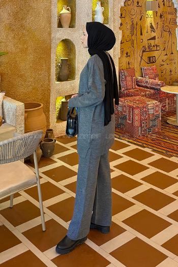 Lamelif İnci İşlemeli Tesettür Takım Füme