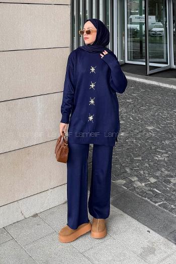 Lamelif İnci İşlemeli Tesettür Takım Lacivert