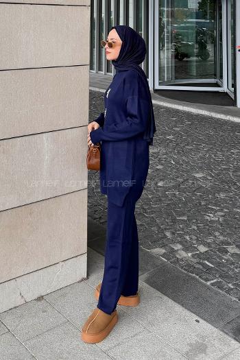 Lamelif İnci İşlemeli Tesettür Takım Lacivert