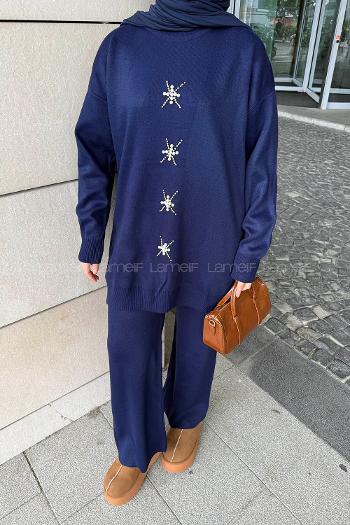 Lamelif İnci İşlemeli Tesettür Takım Lacivert