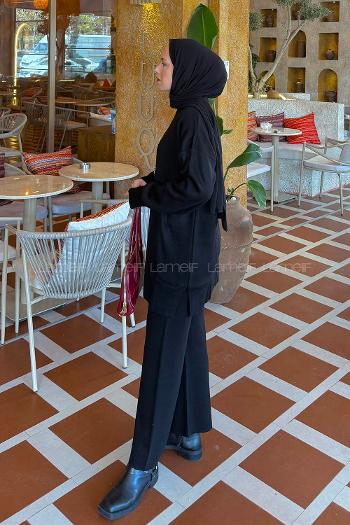 Lamelif İnci İşlemeli Tesettür Takım Siyah