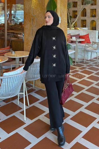 Lamelif İnci İşlemeli Tesettür Takım Siyah