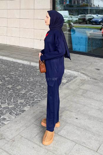 Navy Blue Crew Neck Long Arm Acrylic Knitwear Regular Trousers Comfortable Suit