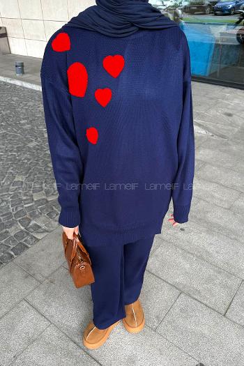 Navy Blue Crew Neck Long Arm Acrylic Knitwear Regular Trousers Comfortable Suit