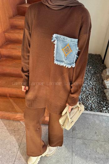 Lamelif Cep Detaylı Triko Takım Acı Kahve