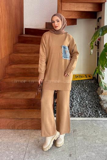 Lamelif Cep Detaylı Triko Takım Camel