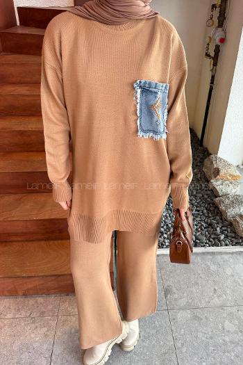 Lamelif Cep Detaylı Triko Takım Camel