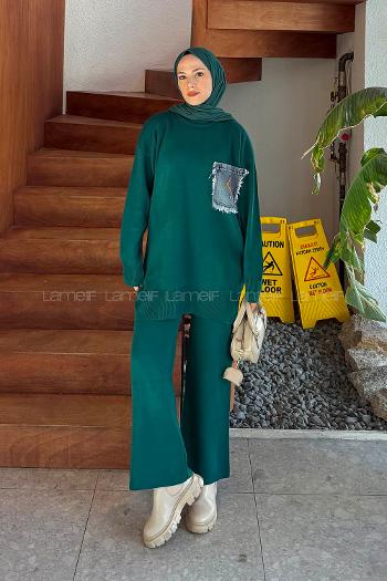 Lamelif Cep Detaylı Triko Takım Zümrüt