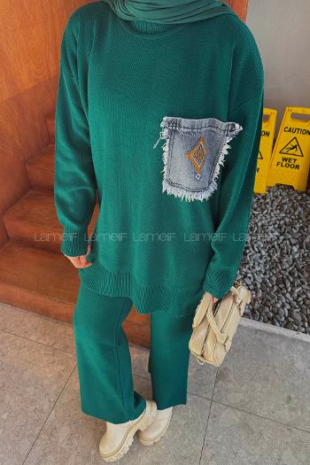 Lamelif Cep Detaylı Triko Takım Zümrüt