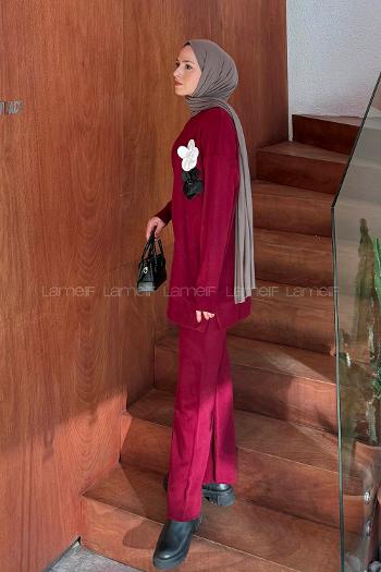 Lamelif Çiçek Aksesuarlı Triko Takım Bordo