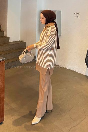 Camel Turtle Neck Long Arm Knitwear Regular Trousers Comfortable Suit