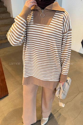 Camel Turtle Neck Long Arm Knitwear Regular Trousers Comfortable Suit