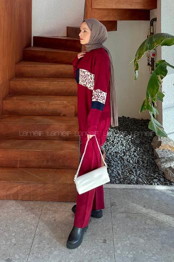 Lamelif Desenli Triko Takım Bordo