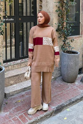 Lamelif Desenli Triko Takım Camel