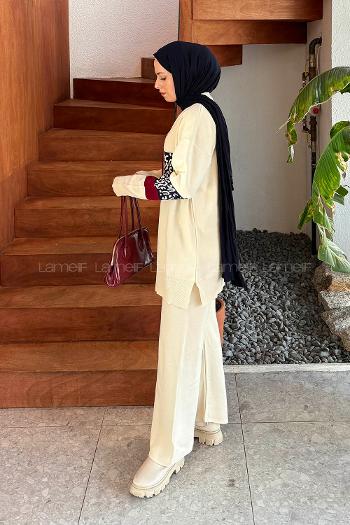 Lamelif Desenli Triko Takım Krem